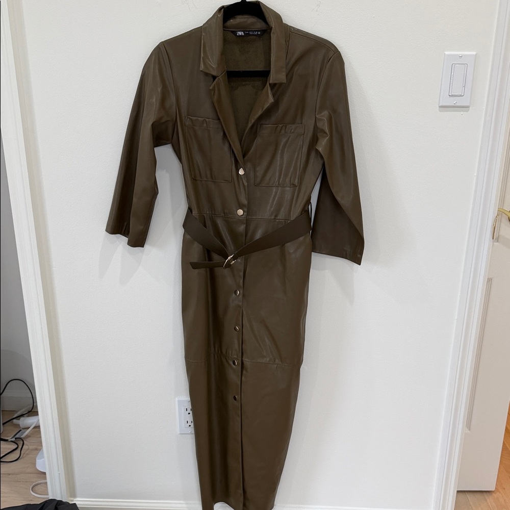 Zara Olive Green Long Sleeve Button-Up Dress